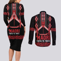 Toitu Te Tiriti Waitangi Couples Matching Long Sleeve Bodycon Dress and Long Sleeve Button Shirt Black Wharenui House LT9 - Polynesian Pride