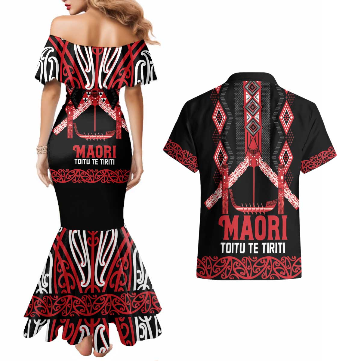 Toitu Te Tiriti Waitangi Couples Matching Mermaid Dress and Hawaiian Shirt Black Wharenui House LT9 - Polynesian Pride