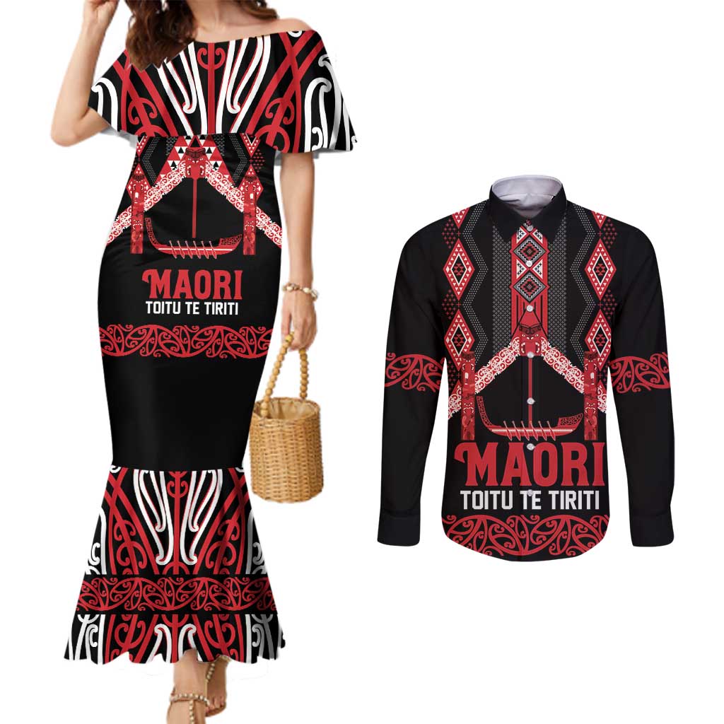 Toitu Te Tiriti Waitangi Couples Matching Mermaid Dress and Long Sleeve Button Shirt Black Wharenui House LT9 Black - Polynesian Pride