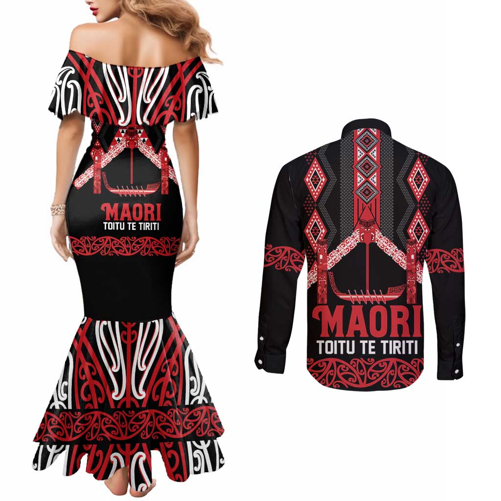 Toitu Te Tiriti Waitangi Couples Matching Mermaid Dress and Long Sleeve Button Shirt Black Wharenui House LT9 - Polynesian Pride