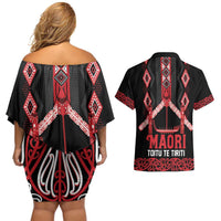 Toitu Te Tiriti Waitangi Couples Matching Off Shoulder Short Dress and Hawaiian Shirt Black Wharenui House LT9 - Polynesian Pride