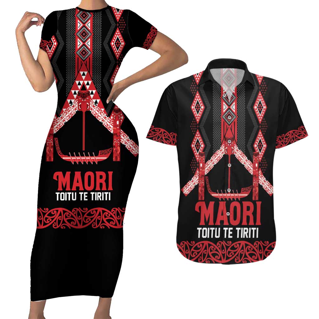 Toitu Te Tiriti Waitangi Couples Matching Short Sleeve Bodycon Dress and Hawaiian Shirt Black Wharenui House LT9 Black - Polynesian Pride