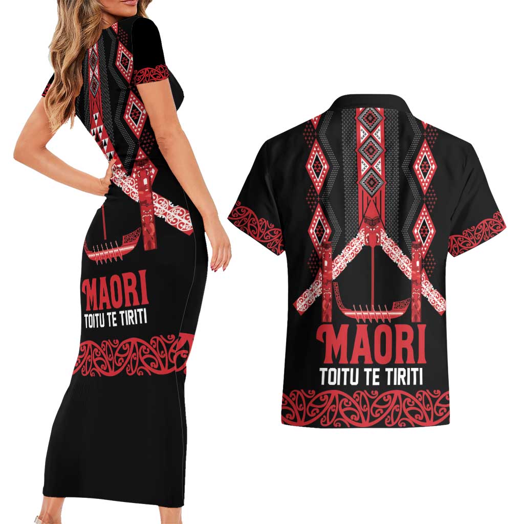 Toitu Te Tiriti Waitangi Couples Matching Short Sleeve Bodycon Dress and Hawaiian Shirt Black Wharenui House LT9 - Polynesian Pride