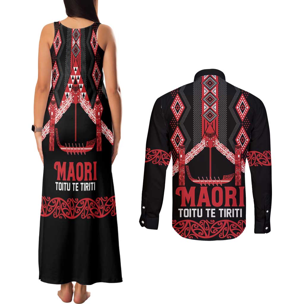 Toitu Te Tiriti Waitangi Couples Matching Tank Maxi Dress and Long Sleeve Button Shirt Black Wharenui House - Polynesian Pride