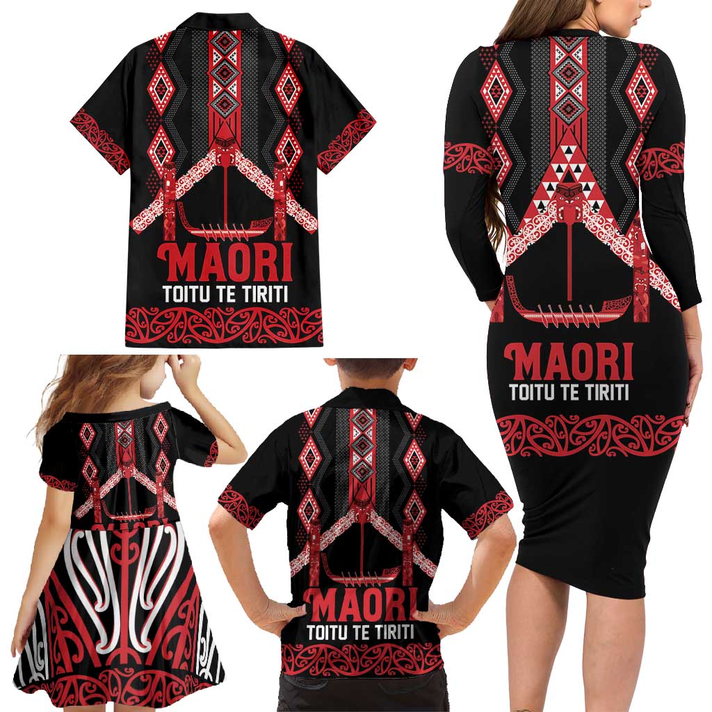 Toitu Te Tiriti Waitangi Family Matching Long Sleeve Bodycon Dress and Hawaiian Shirt Black Wharenui House LT9 - Polynesian Pride