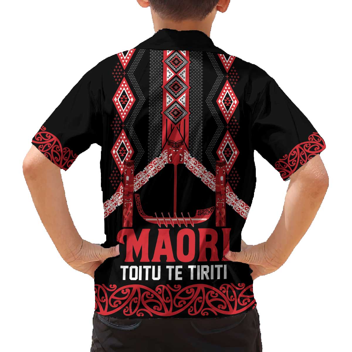Toitu Te Tiriti Waitangi Family Matching Off The Shoulder Long Sleeve Dress and Hawaiian Shirt Black Wharenui House LT9 - Polynesian Pride