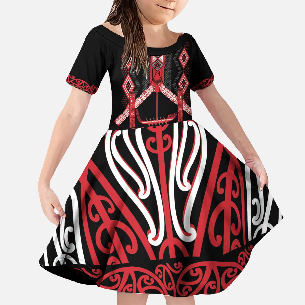Toitu Te Tiriti Waitangi Family Matching Off The Shoulder Long Sleeve Dress and Hawaiian Shirt Black Wharenui House LT9 Daughter's Dress Black - Polynesian Pride