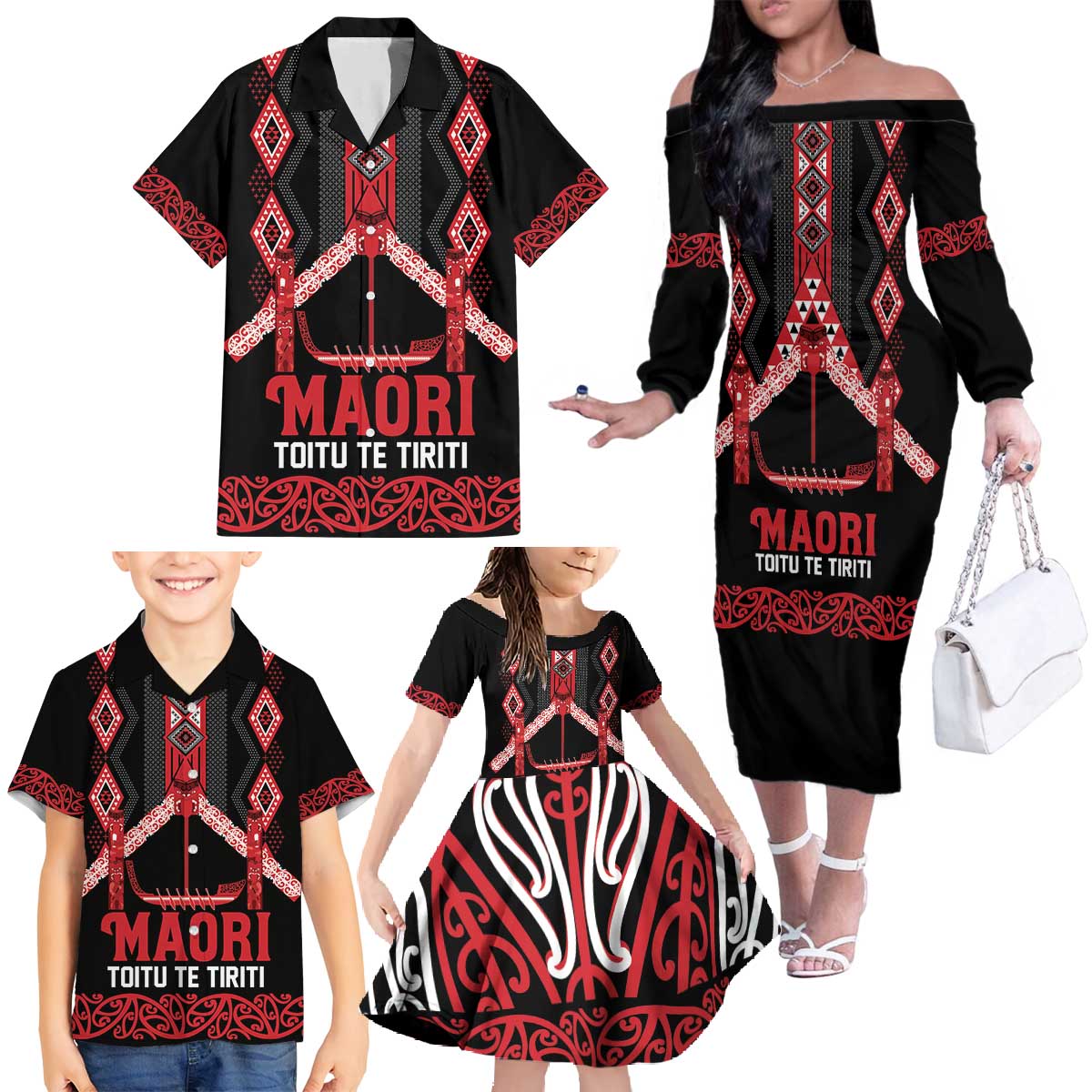 Toitu Te Tiriti Waitangi Family Matching Off The Shoulder Long Sleeve Dress and Hawaiian Shirt Black Wharenui House LT9 - Polynesian Pride