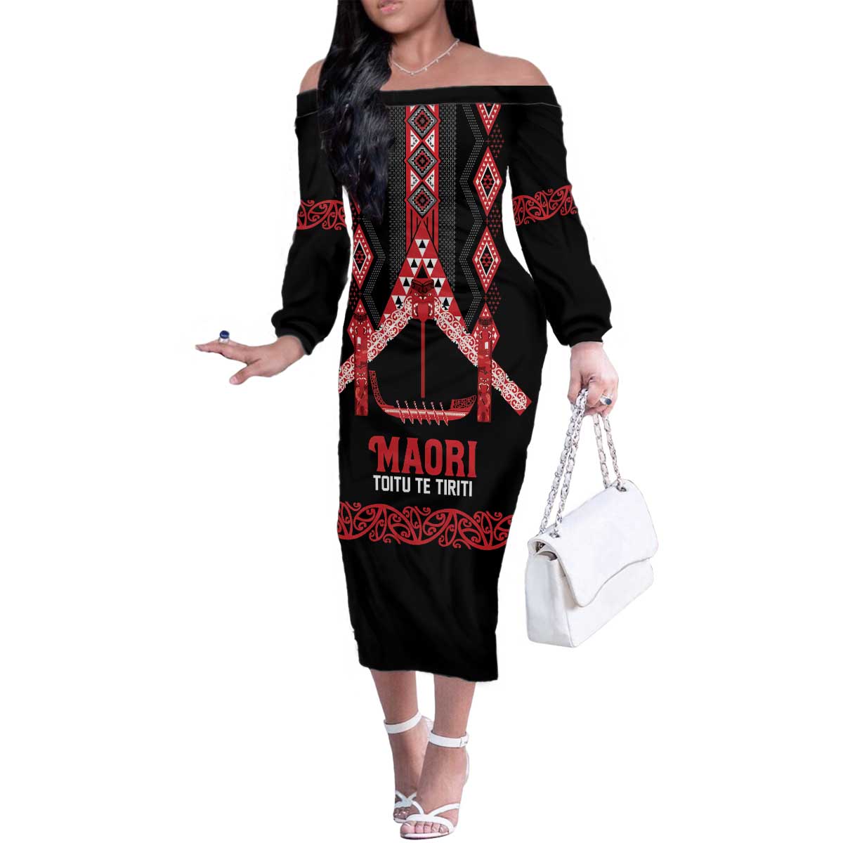 Toitu Te Tiriti Waitangi Family Matching Off The Shoulder Long Sleeve Dress and Hawaiian Shirt Black Wharenui House LT9 Mom's Dress Black - Polynesian Pride