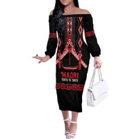 Toitu Te Tiriti Waitangi Family Matching Off The Shoulder Long Sleeve Dress and Hawaiian Shirt Black Wharenui House LT9 Mom's Dress Black - Polynesian Pride