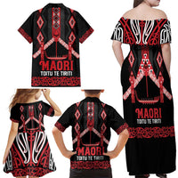Toitu Te Tiriti Waitangi Family Matching Off Shoulder Maxi Dress and Hawaiian Shirt Black Wharenui House LT9 - Polynesian Pride