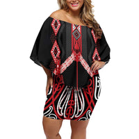 Toitu Te Tiriti Waitangi Family Matching Off Shoulder Short Dress and Hawaiian Shirt Black Wharenui House LT9 Mom's Dress Black - Polynesian Pride