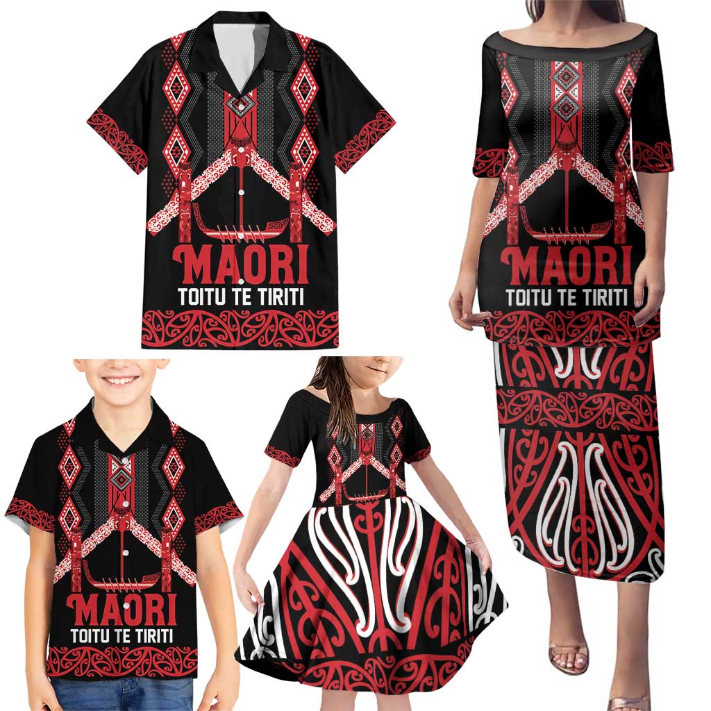 Toitu Te Tiriti Waitangi Family Matching Puletasi and Hawaiian Shirt Black Wharenui House LT9 - Polynesian Pride
