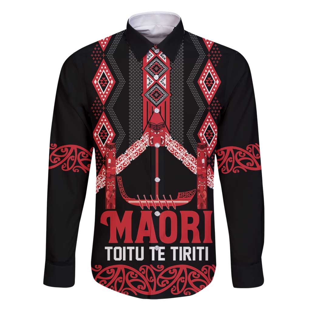 Toitu Te Tiriti Waitangi Family Matching Puletasi and Hawaiian Shirt Black Wharenui House LT9 Dad's Shirt - Long Sleeve Black - Polynesian Pride