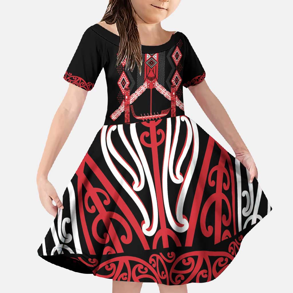 Toitu Te Tiriti Waitangi Family Matching Summer Maxi Dress and Hawaiian Shirt Black Wharenui House LT9 Daughter's Dress Black - Polynesian Pride
