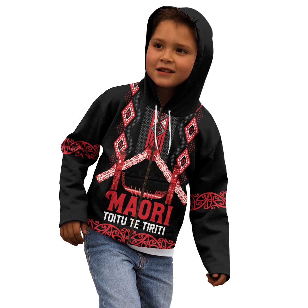 Toitu Te Tiriti Waitangi Kid Hoodie Black Wharenui House - Polynesian Pride
