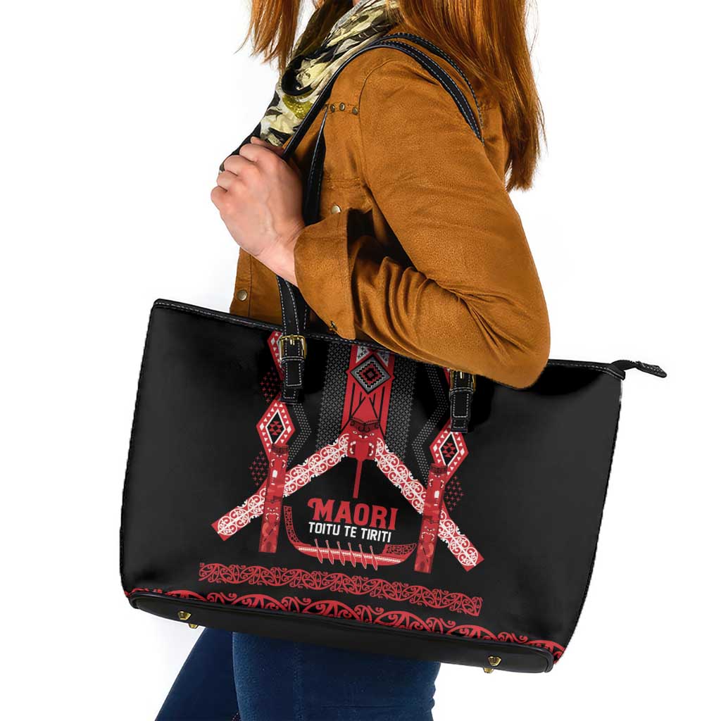Toitu Te Tiriti Waitangi Leather Tote Bag Black Wharenui House - Polynesian Pride