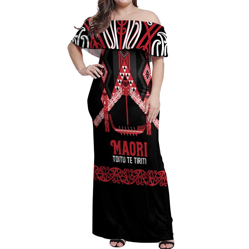 Toitu Te Tiriti Waitangi Off Shoulder Maxi Dress Black Wharenui House - Polynesian Pride