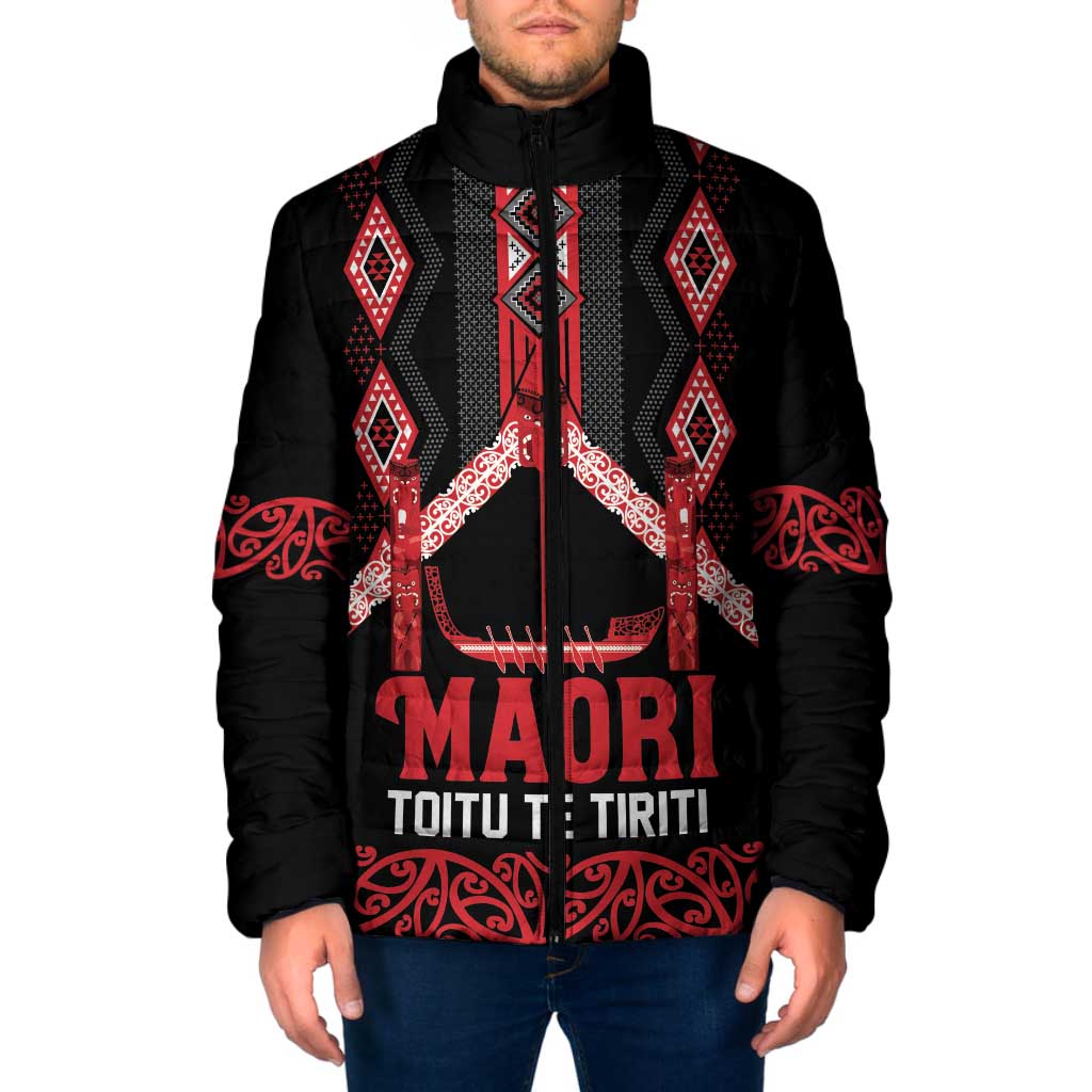 Toitu Te Tiriti Waitangi Padded Jacket Black Wharenui House - Polynesian Pride