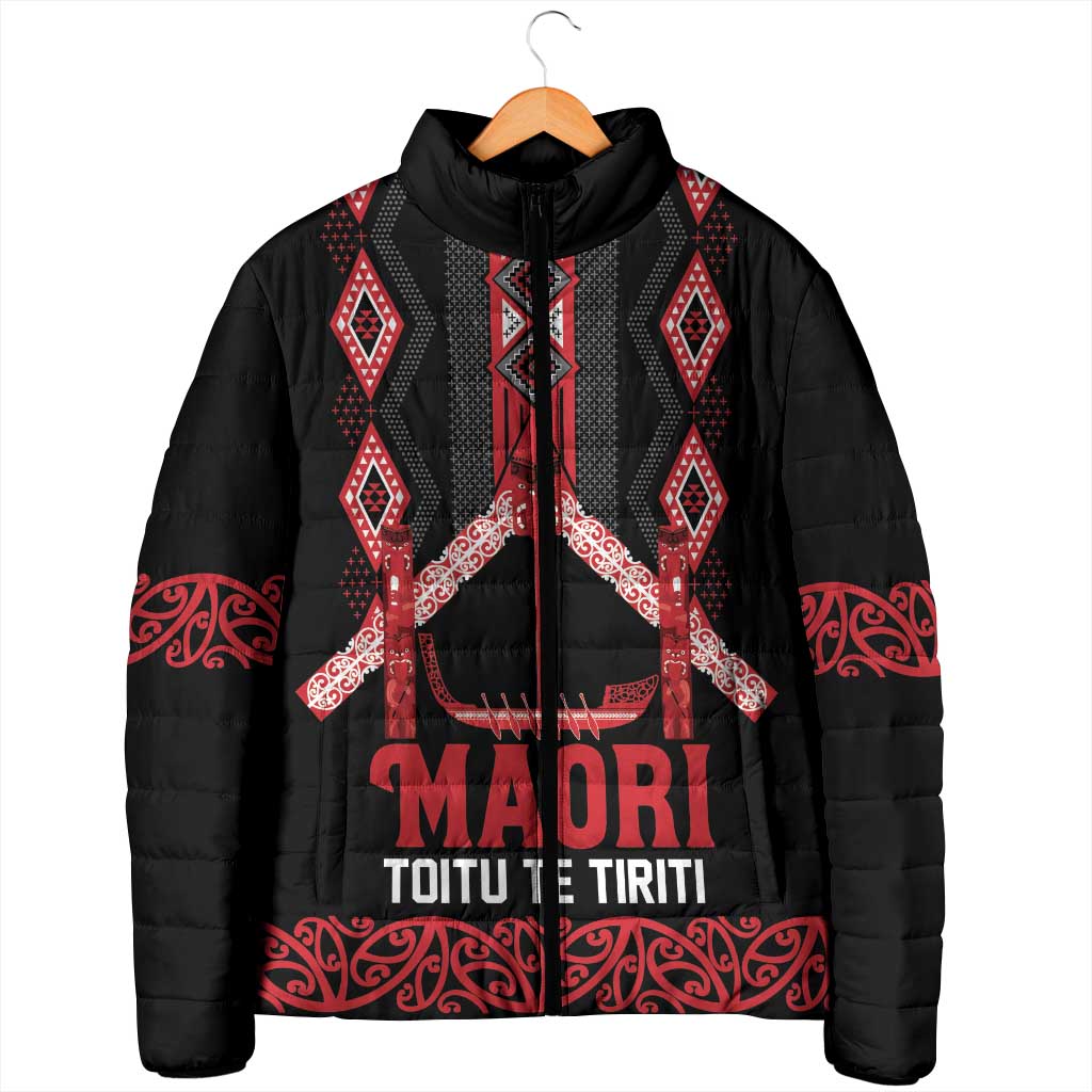 Toitu Te Tiriti Waitangi Padded Jacket Black Wharenui House - Polynesian Pride