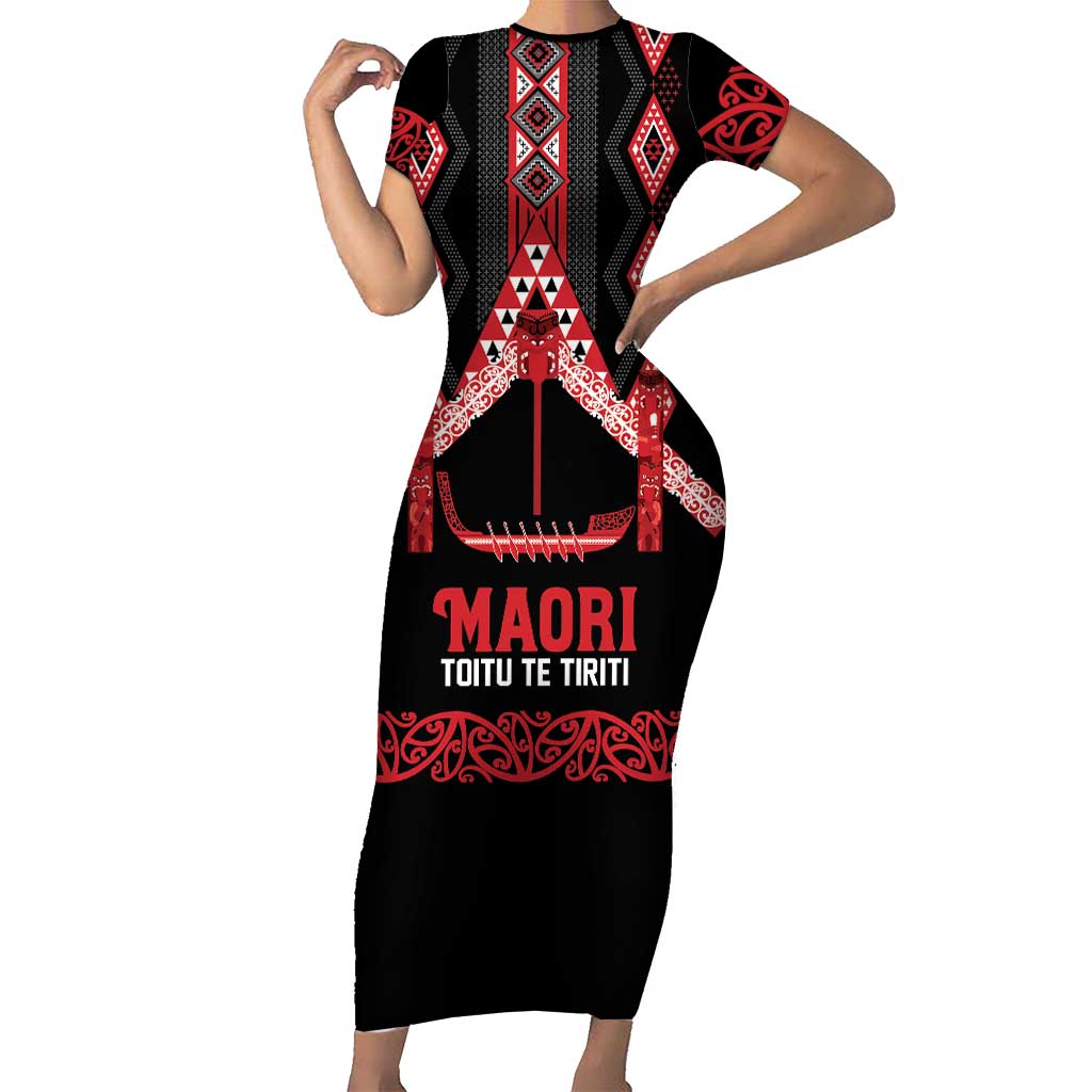 Toitu Te Tiriti Waitangi Short Sleeve Bodycon Dress Black Wharenui House - Polynesian Pride