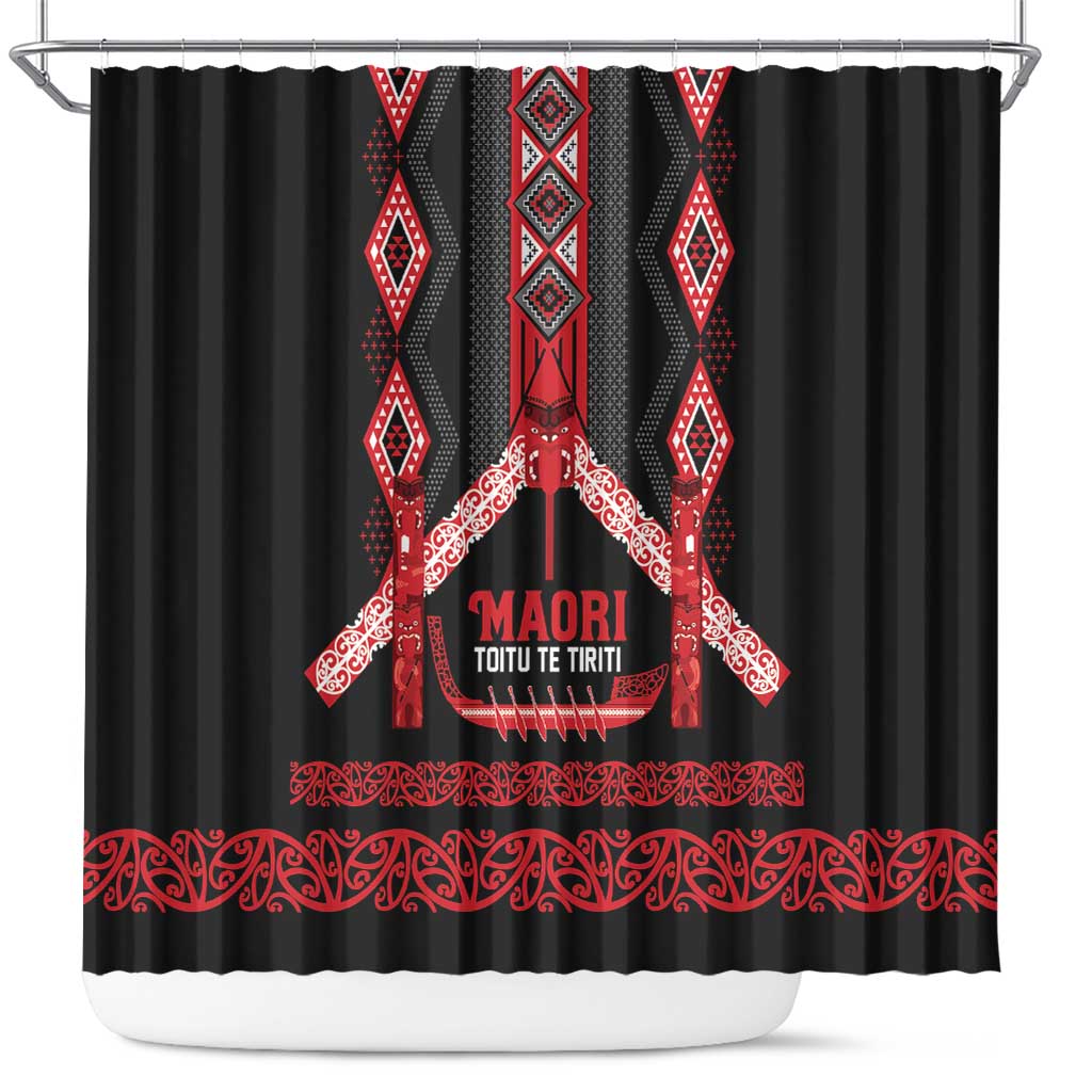 Toitu Te Tiriti Waitangi Shower Curtain Black Wharenui House - Polynesian Pride