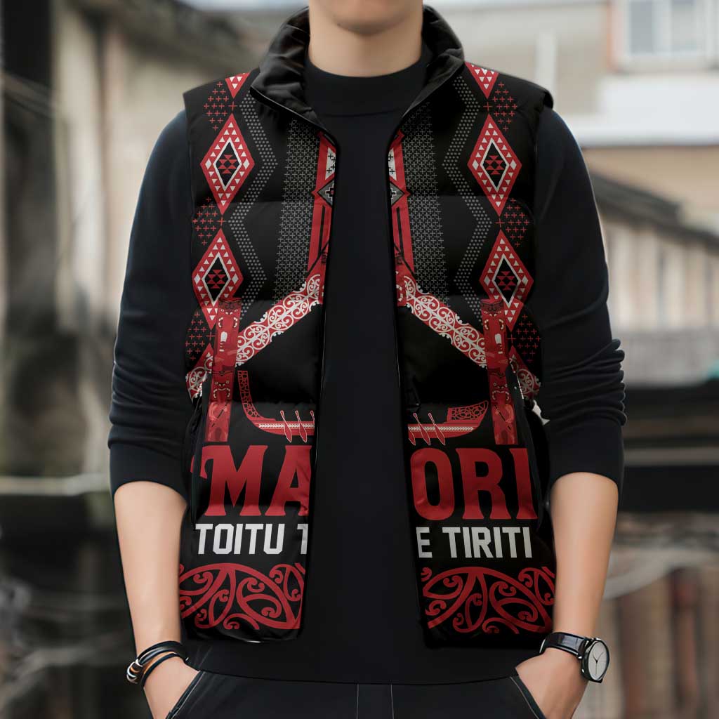 Toitu Te Tiriti Waitangi Sleeveless Puffer Jacket Black Wharenui House - Polynesian Pride