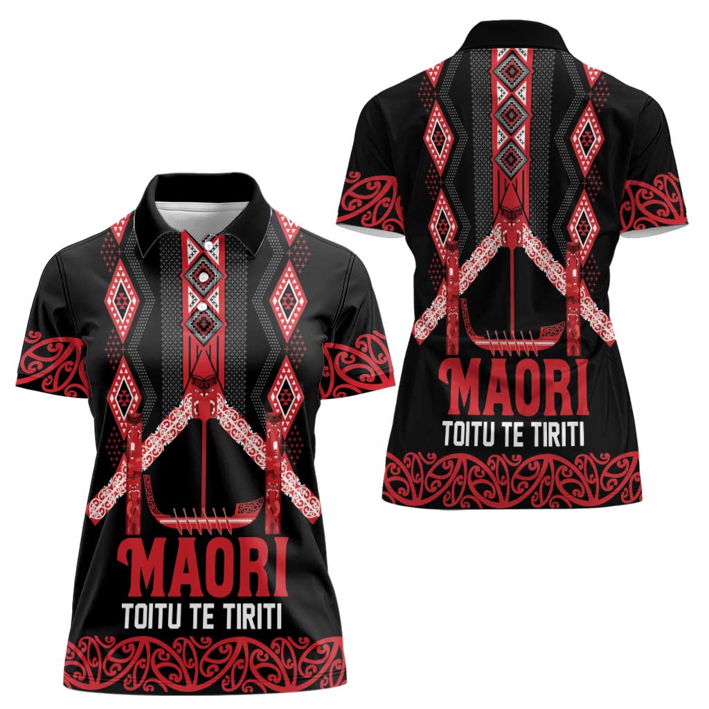 Toitu Te Tiriti Waitangi Women Polo Shirt Black Wharenui House - Polynesian Pride