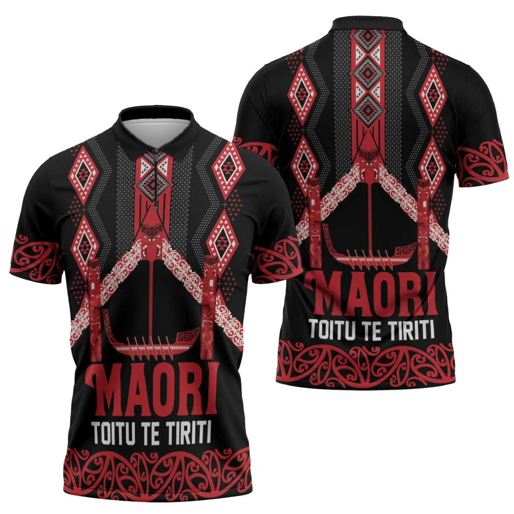 Toitu Te Tiriti Waitangi Zipper Polo Shirt Black Wharenui House - Polynesian Pride