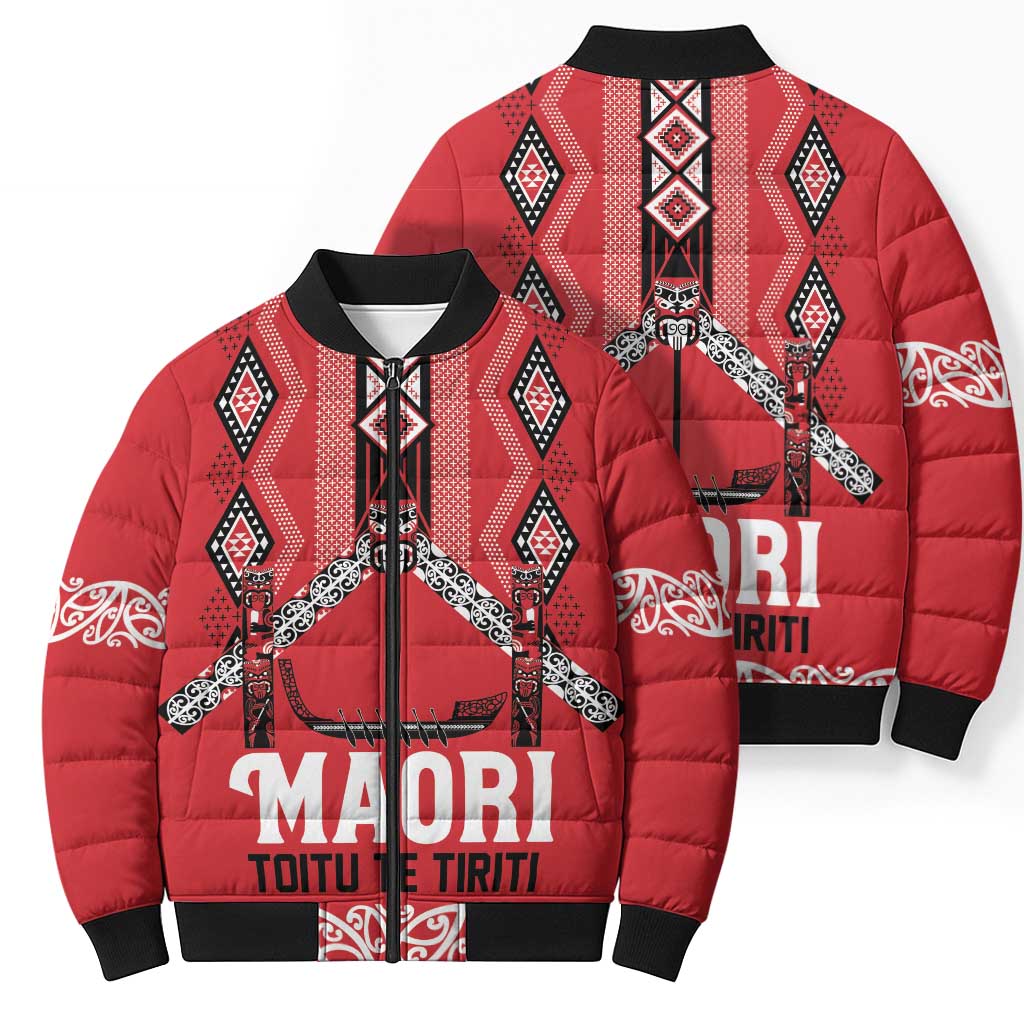 Toitu Te Tiriti Waitangi Bomber Puffer Jacket Red Wharenui House - Polynesian Pride