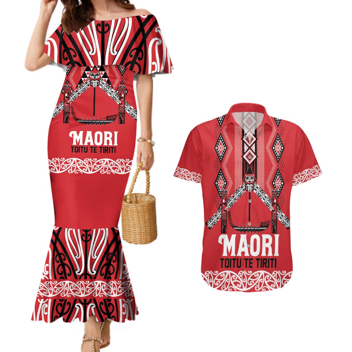Toitu Te Tiriti Waitangi Couples Matching Mermaid Dress and Hawaiian Shirt Red Wharenui House LT9 Red - Polynesian Pride