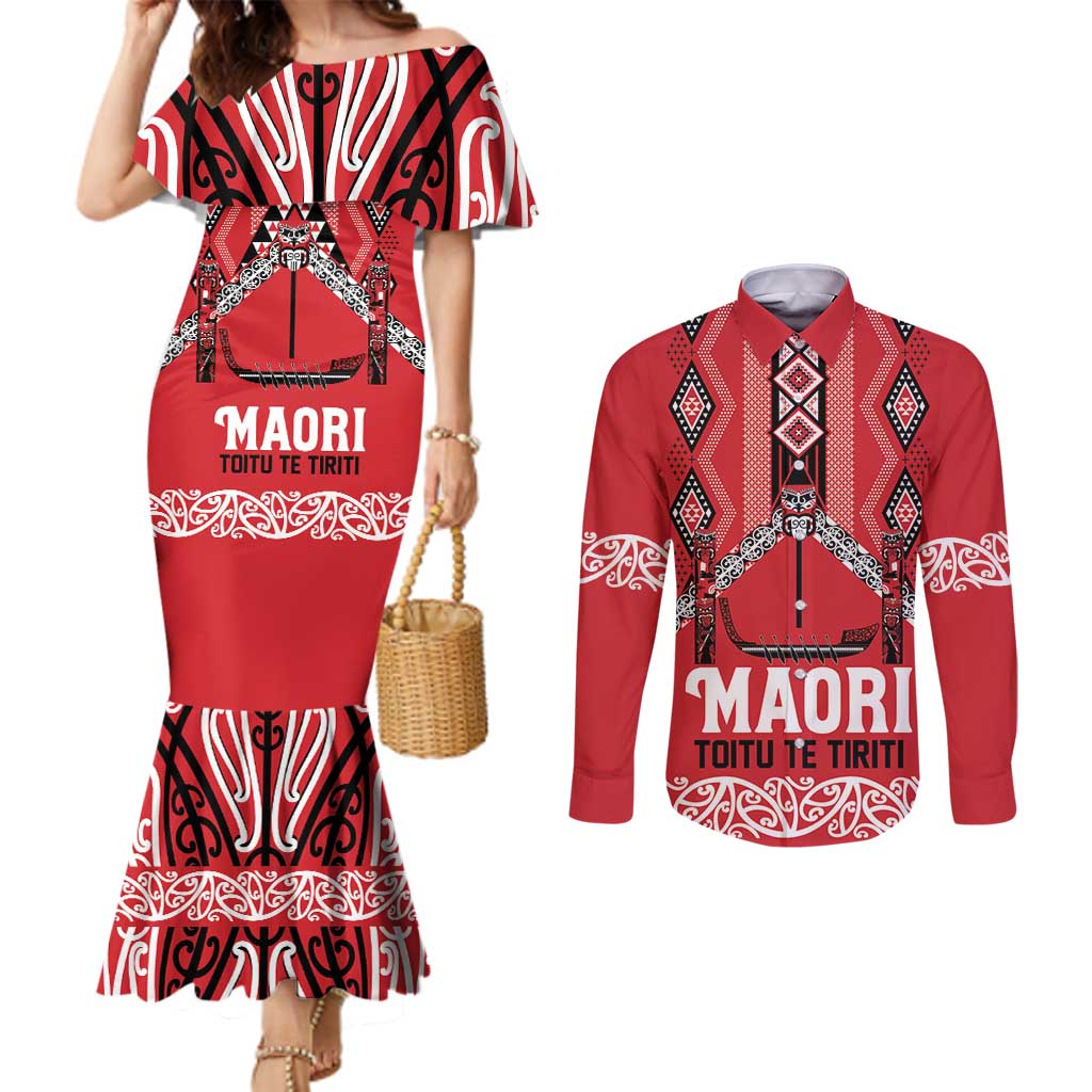 Toitu Te Tiriti Waitangi Couples Matching Mermaid Dress and Long Sleeve Button Shirt Red Wharenui House LT9 Red - Polynesian Pride