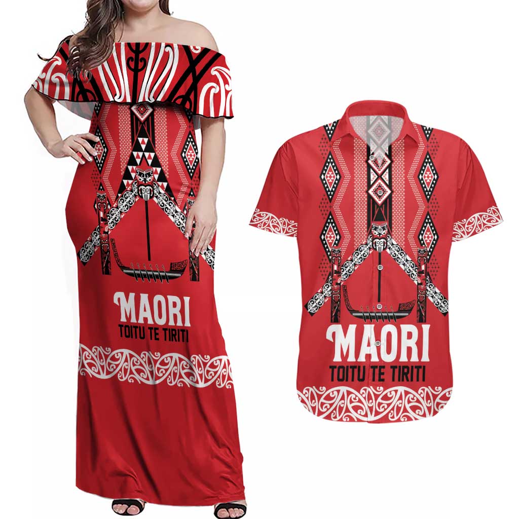 Toitu Te Tiriti Waitangi Couples Matching Off Shoulder Maxi Dress and Hawaiian Shirt Red Wharenui House LT9 Red - Polynesian Pride