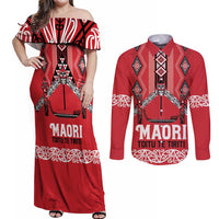 Toitu Te Tiriti Waitangi Couples Matching Off Shoulder Maxi Dress and Long Sleeve Button Shirt Red Wharenui House - Polynesian Pride