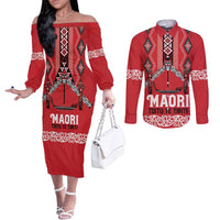 Toitu Te Tiriti Waitangi Couples Matching Off The Shoulder Long Sleeve Dress and Long Sleeve Button Shirt Red Wharenui House LT9 Red - Polynesian Pride