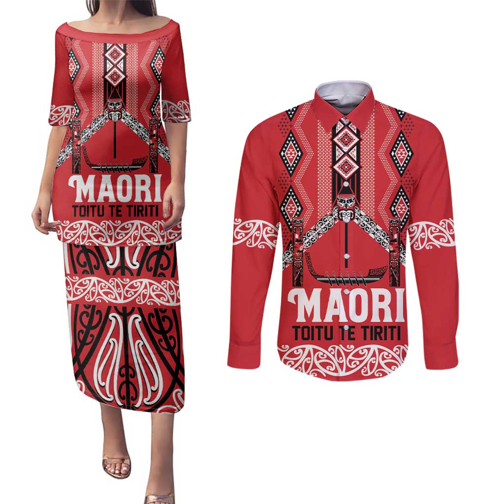 Toitu Te Tiriti Waitangi Couples Matching Puletasi and Long Sleeve Button Shirt Red Wharenui House - Polynesian Pride