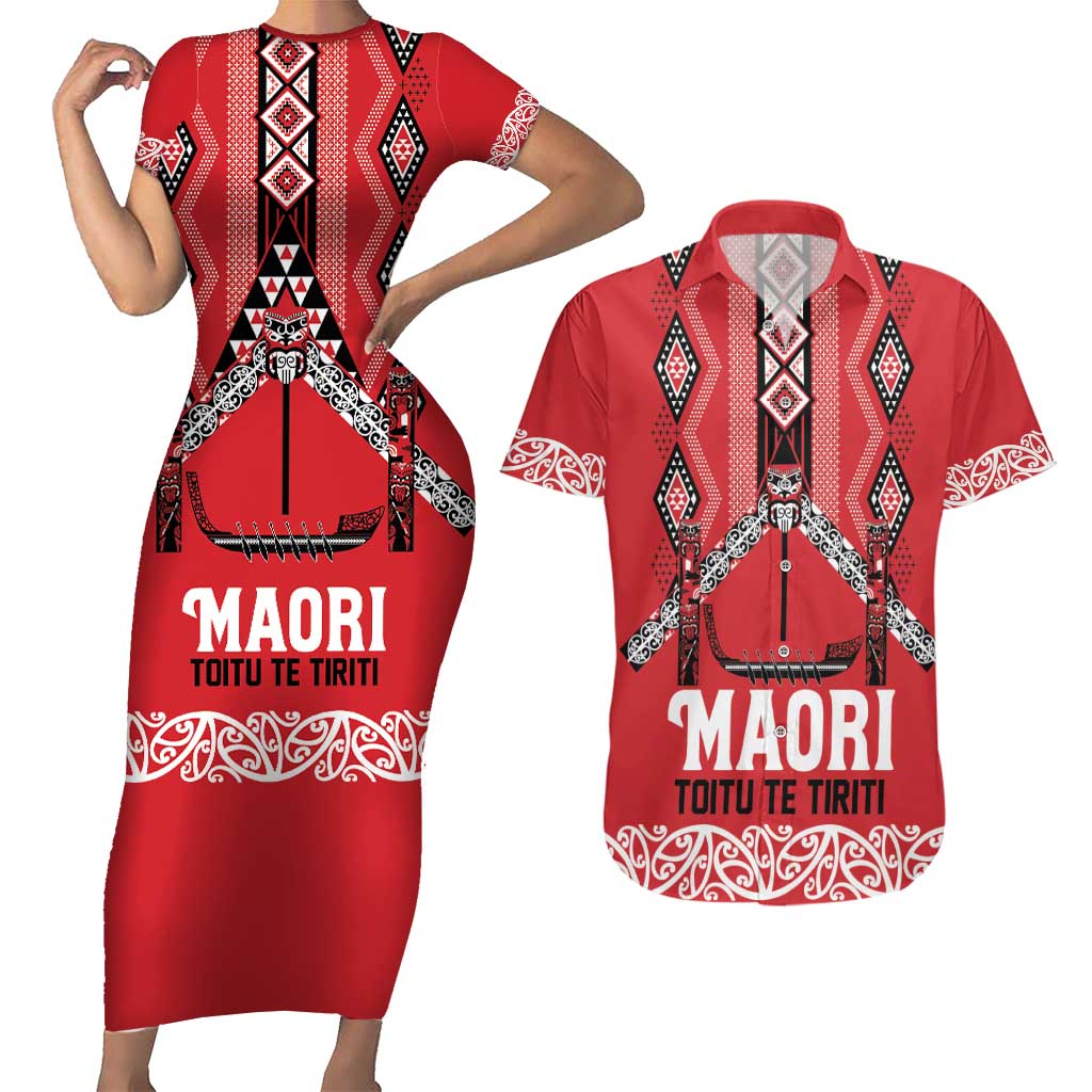 Toitu Te Tiriti Waitangi Couples Matching Short Sleeve Bodycon Dress and Hawaiian Shirt Red Wharenui House LT9 Red - Polynesian Pride