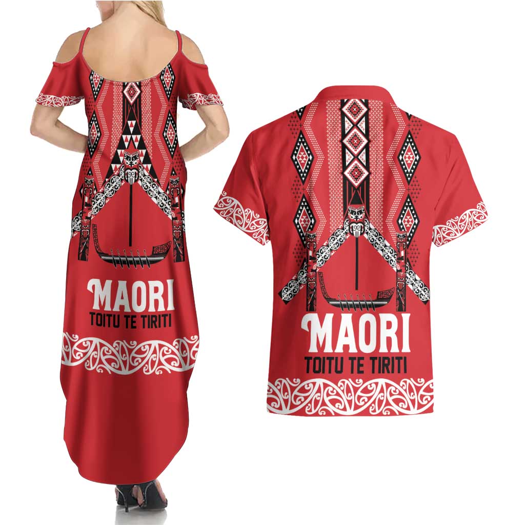 Toitu Te Tiriti Waitangi Couples Matching Summer Maxi Dress and Hawaiian Shirt Red Wharenui House LT9 - Polynesian Pride