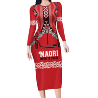 Toitu Te Tiriti Waitangi Family Matching Long Sleeve Bodycon Dress and Hawaiian Shirt Red Wharenui House LT9 Mom's Dress Red - Polynesian Pride