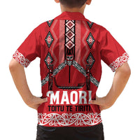 Toitu Te Tiriti Waitangi Family Matching Off The Shoulder Long Sleeve Dress and Hawaiian Shirt Red Wharenui House LT9 - Polynesian Pride