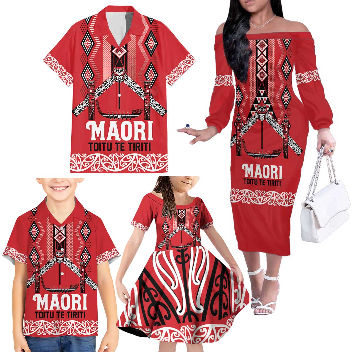Toitu Te Tiriti Waitangi Family Matching Off The Shoulder Long Sleeve Dress and Hawaiian Shirt Red Wharenui House LT9 - Polynesian Pride