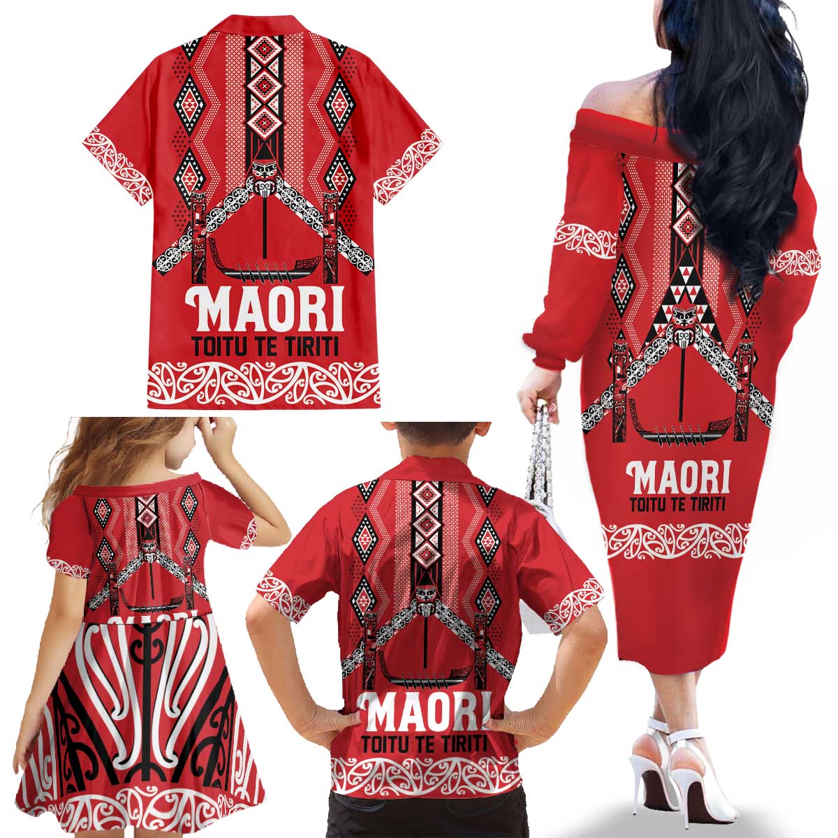 Toitu Te Tiriti Waitangi Family Matching Off The Shoulder Long Sleeve Dress and Hawaiian Shirt Red Wharenui House LT9 - Polynesian Pride