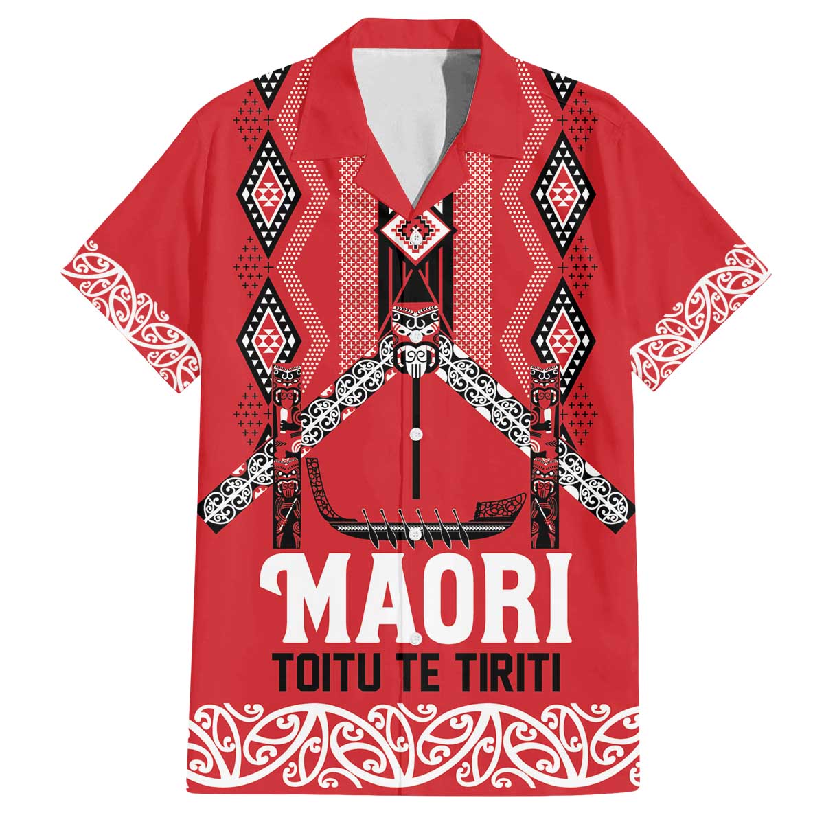 Toitu Te Tiriti Waitangi Family Matching Off The Shoulder Long Sleeve Dress and Hawaiian Shirt Red Wharenui House LT9 Dad's Shirt - Short Sleeve Red - Polynesian Pride