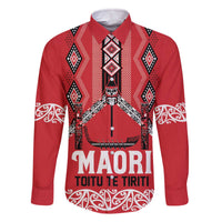 Toitu Te Tiriti Waitangi Family Matching Off The Shoulder Long Sleeve Dress and Hawaiian Shirt Red Wharenui House LT9 Dad's Shirt - Long Sleeve Red - Polynesian Pride