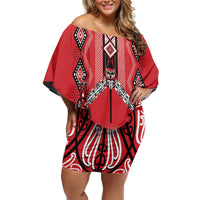 Toitu Te Tiriti Waitangi Family Matching Off Shoulder Short Dress and Hawaiian Shirt Red Wharenui House LT9 Mom's Dress Red - Polynesian Pride