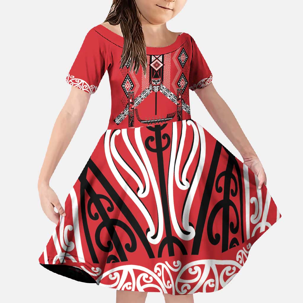 Toitu Te Tiriti Waitangi Family Matching Short Sleeve Bodycon Dress and Hawaiian Shirt Red Wharenui House LT9 Daughter's Dress Red - Polynesian Pride