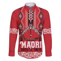 Toitu Te Tiriti Waitangi Family Matching Short Sleeve Bodycon Dress and Hawaiian Shirt Red Wharenui House LT9 Dad's Shirt - Long Sleeve Red - Polynesian Pride