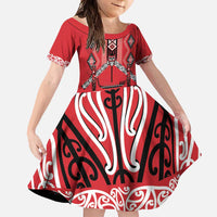 Toitu Te Tiriti Waitangi Family Matching Summer Maxi Dress and Hawaiian Shirt Red Wharenui House LT9 Daughter's Dress Red - Polynesian Pride