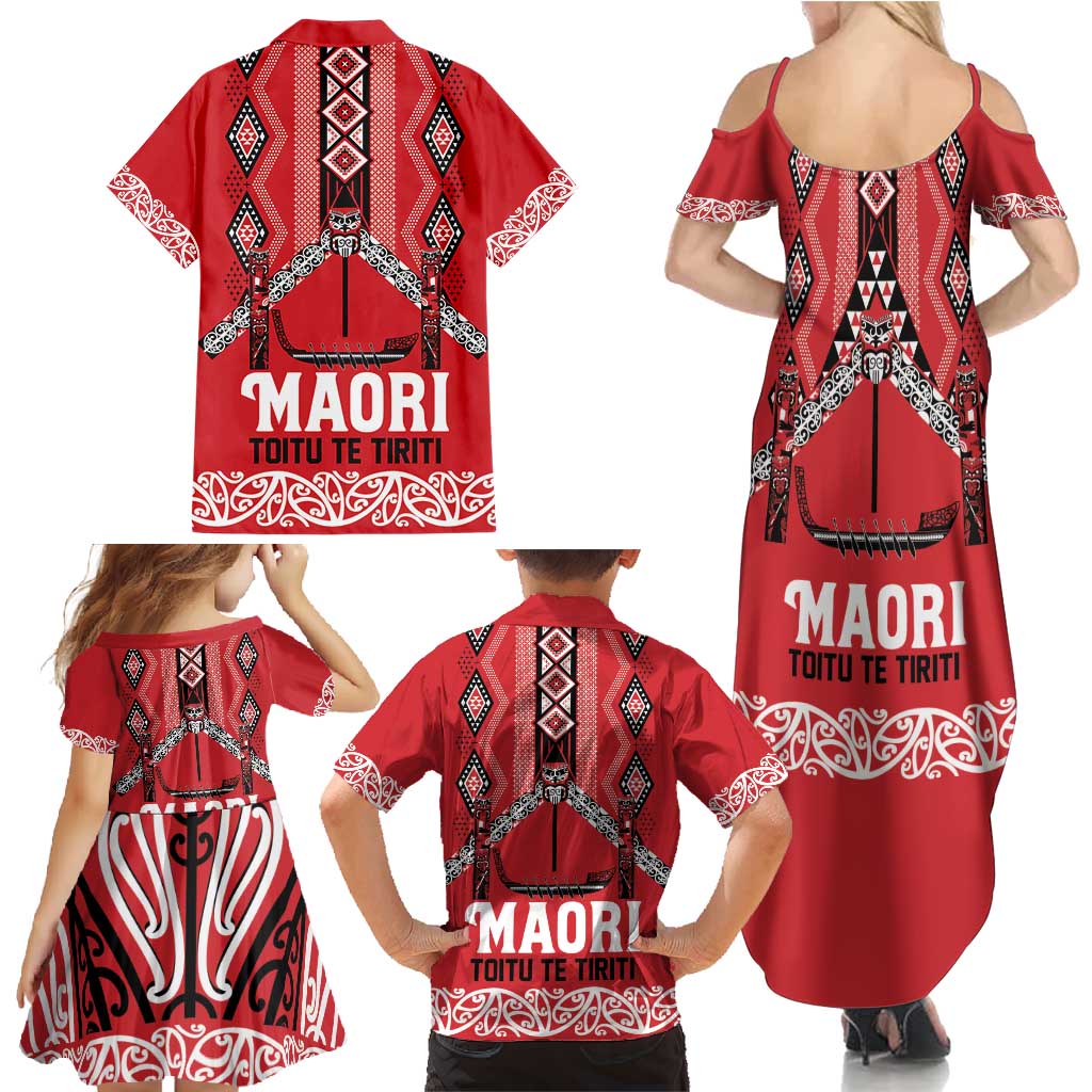 Toitu Te Tiriti Waitangi Family Matching Summer Maxi Dress and Hawaiian Shirt Red Wharenui House LT9 - Polynesian Pride