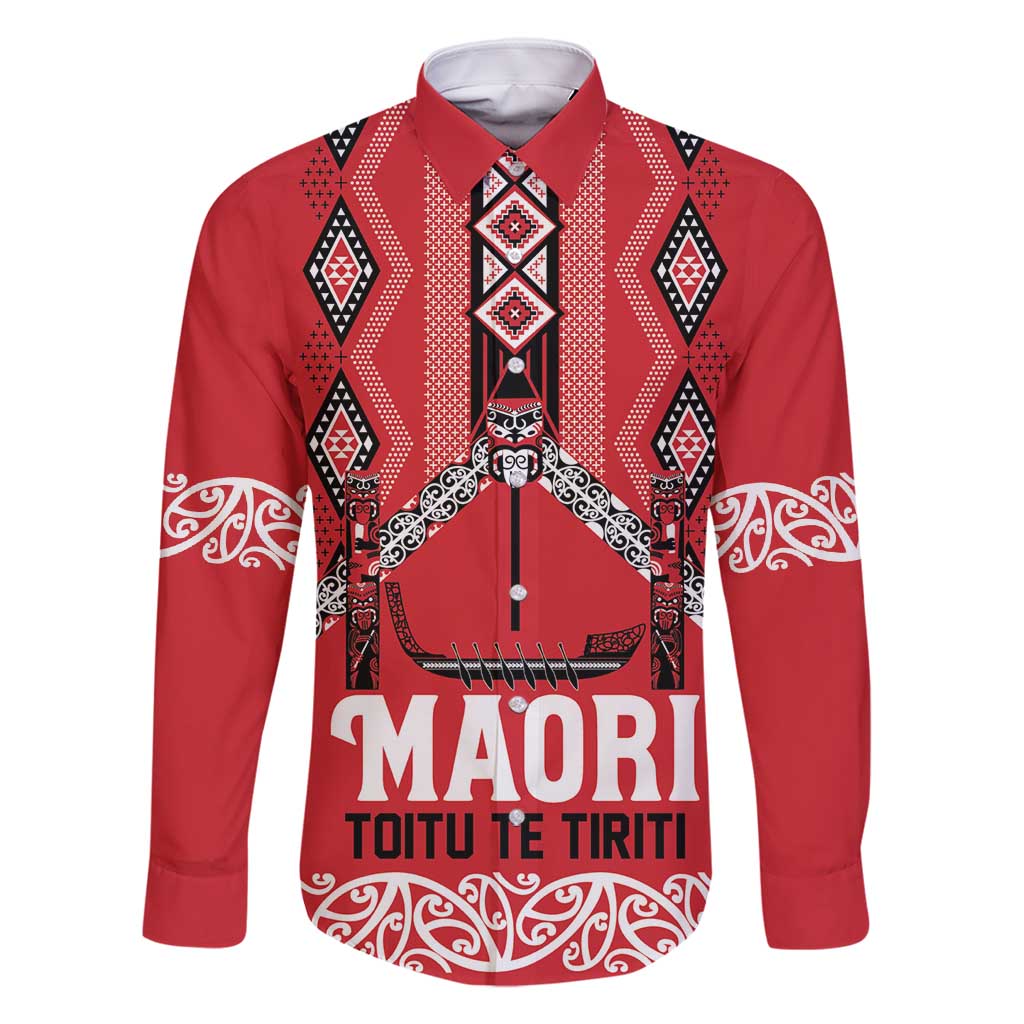 Toitu Te Tiriti Waitangi Family Matching Summer Maxi Dress and Hawaiian Shirt Red Wharenui House LT9 Dad's Shirt - Long Sleeve Red - Polynesian Pride